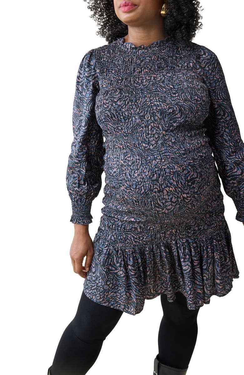 Ingrid & Isabel<sup>®</sup> Smocked Occasion Bracelet Sleeve Sateen Maternity Dress, Main, color, Blue/ Tan Animal Floral