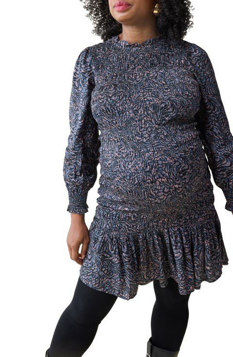 Smocked Occasion Bracelet Sleeve Sateen Maternity Dress