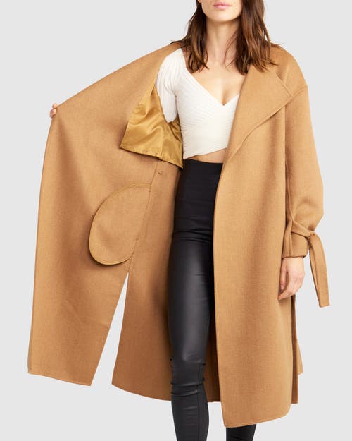 Belle & Bloom Head Over Heels Collarless Robe Coat In Camel