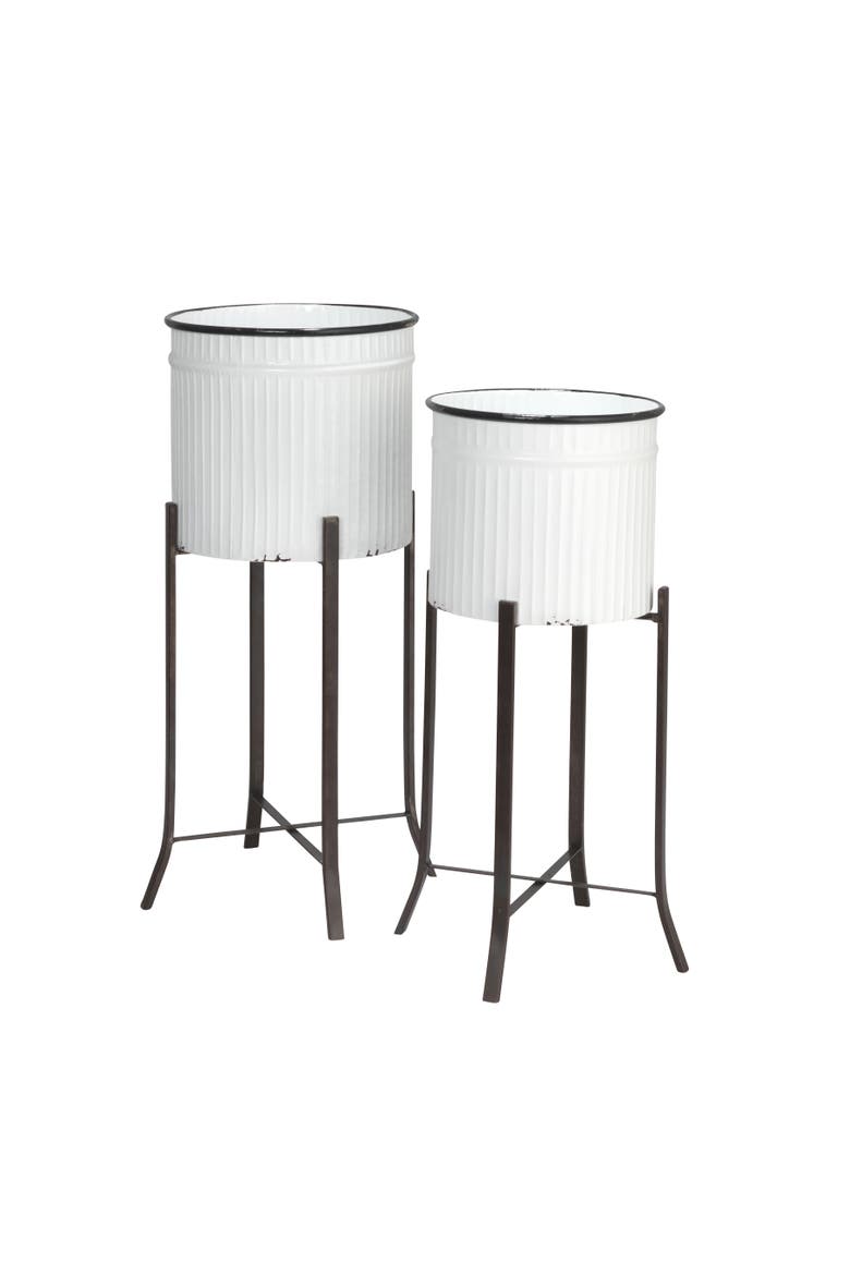 Round Metal Planters on Stands, White and Black, Set of 2, Main, color, White