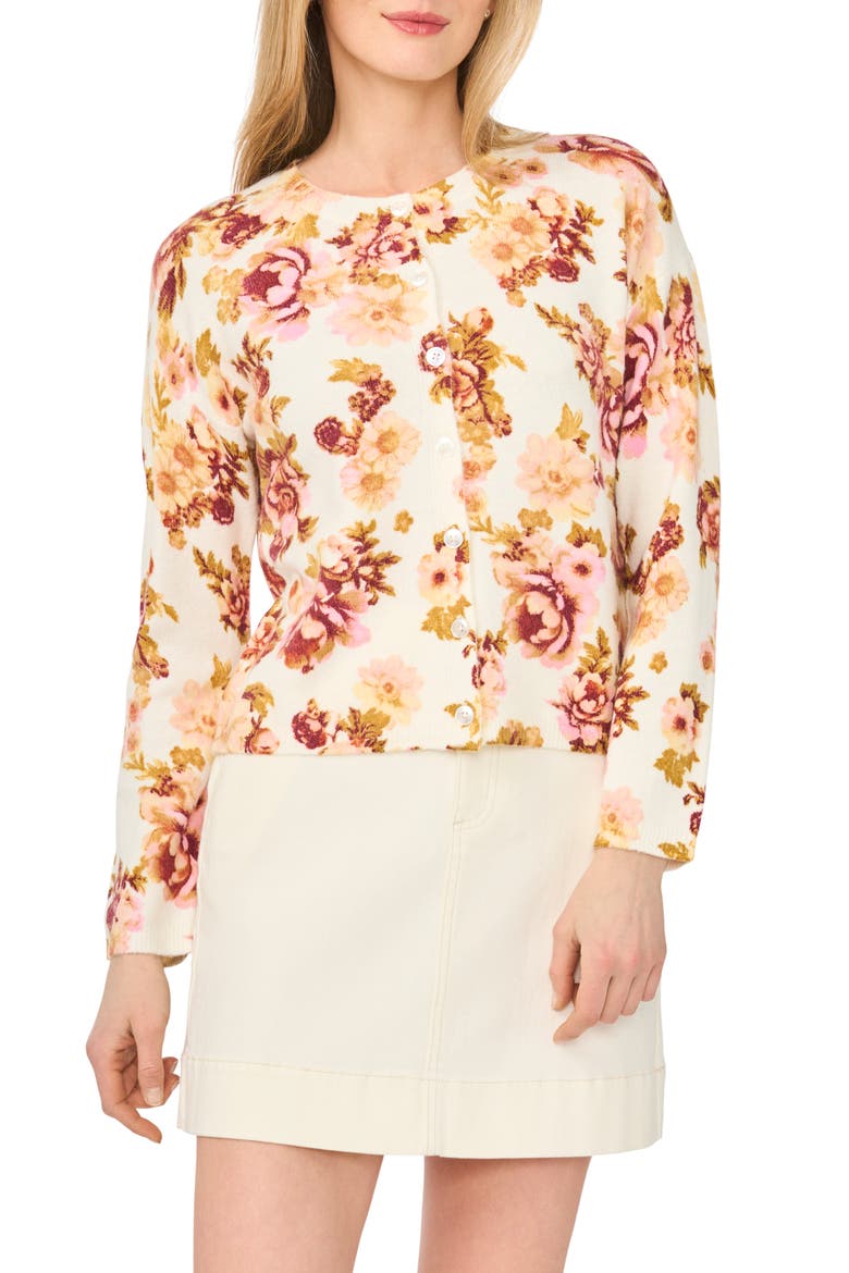 Floral Button Front Crop Cardigan, Main, color, NEW IVORY