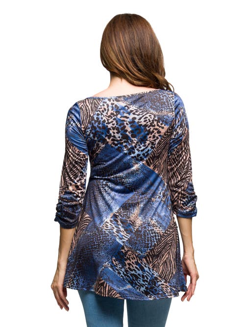 24seven Comfort Apparel Three Quarter Sleeve Tunic Top Animal Print In Blue