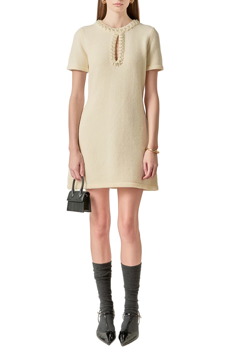Bead & Rhinestone Sweater Dress, Main, color, OFF WHITE