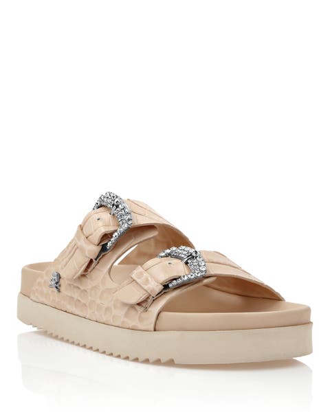 Croco Printed Leather Sandals Flat Crystal Women