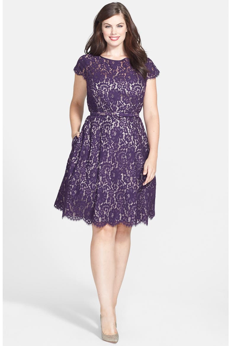 Belted Lace Fit & Flare Dress, Alternate, color, PURPLE