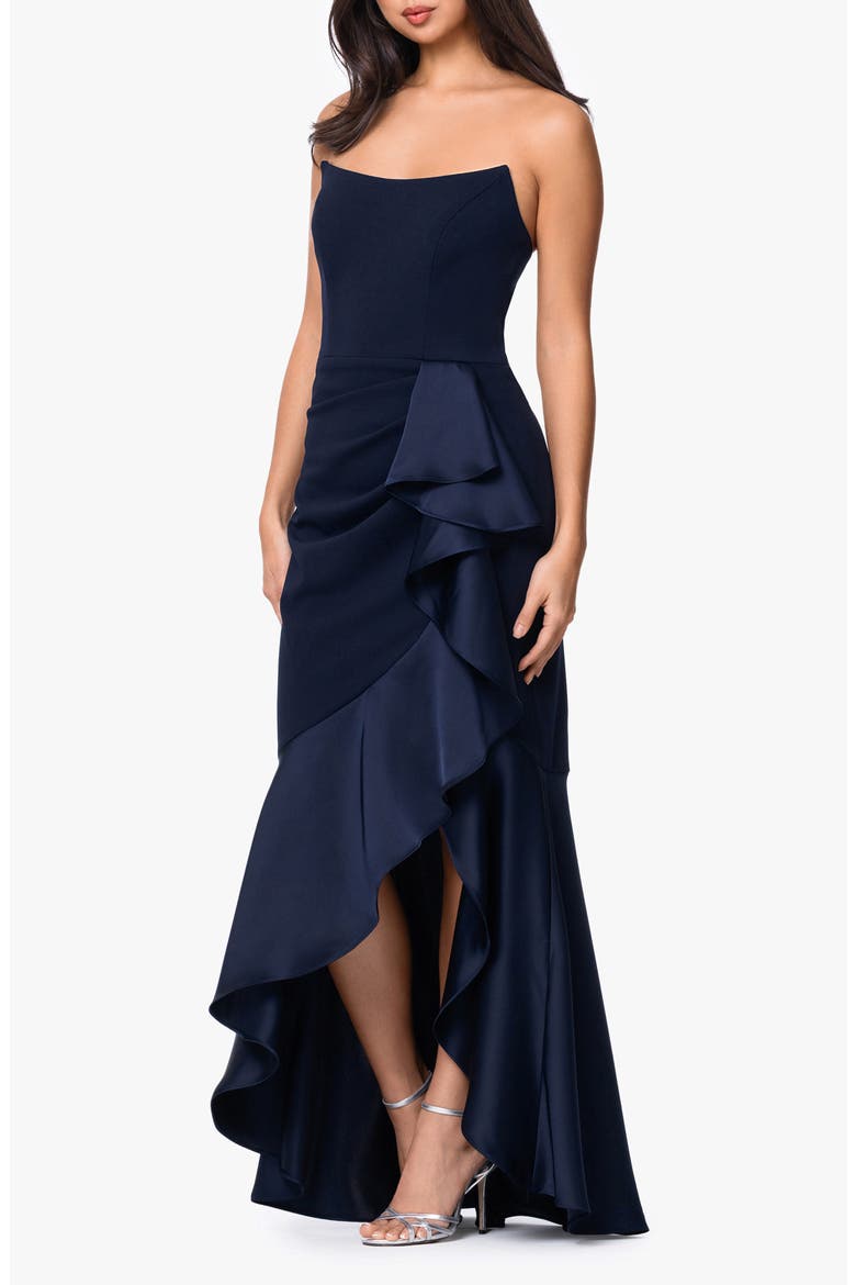 Satin Ruffle Detail Strapless Scuba Crepe Corset Gown, Alternate, color, NAVY