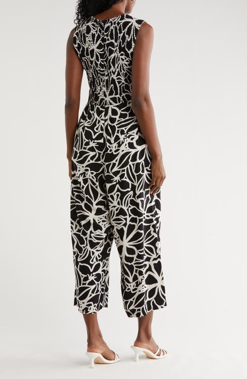 Calvin Klein Big Flowers Smocked Jumpsuit In Black