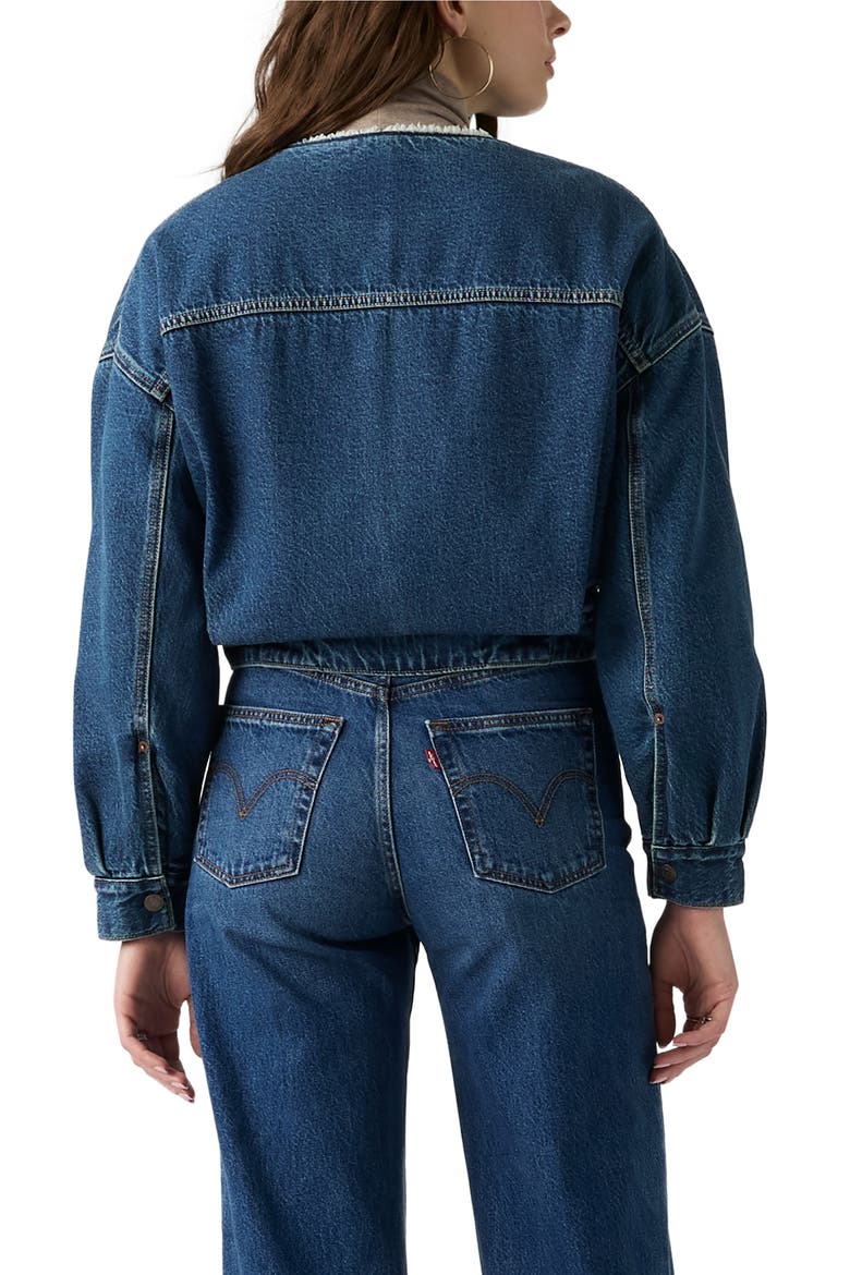Collarless Fleece Lined Crop Denim Trucker Jacket, Alternate, color, ROGUE RUMOR