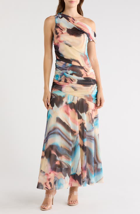 Deni Abstract Print One-Shoulder Maxi Dress