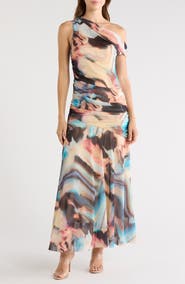 Steve Madden Deni Abstract Print One-Shoulder Maxi Dress