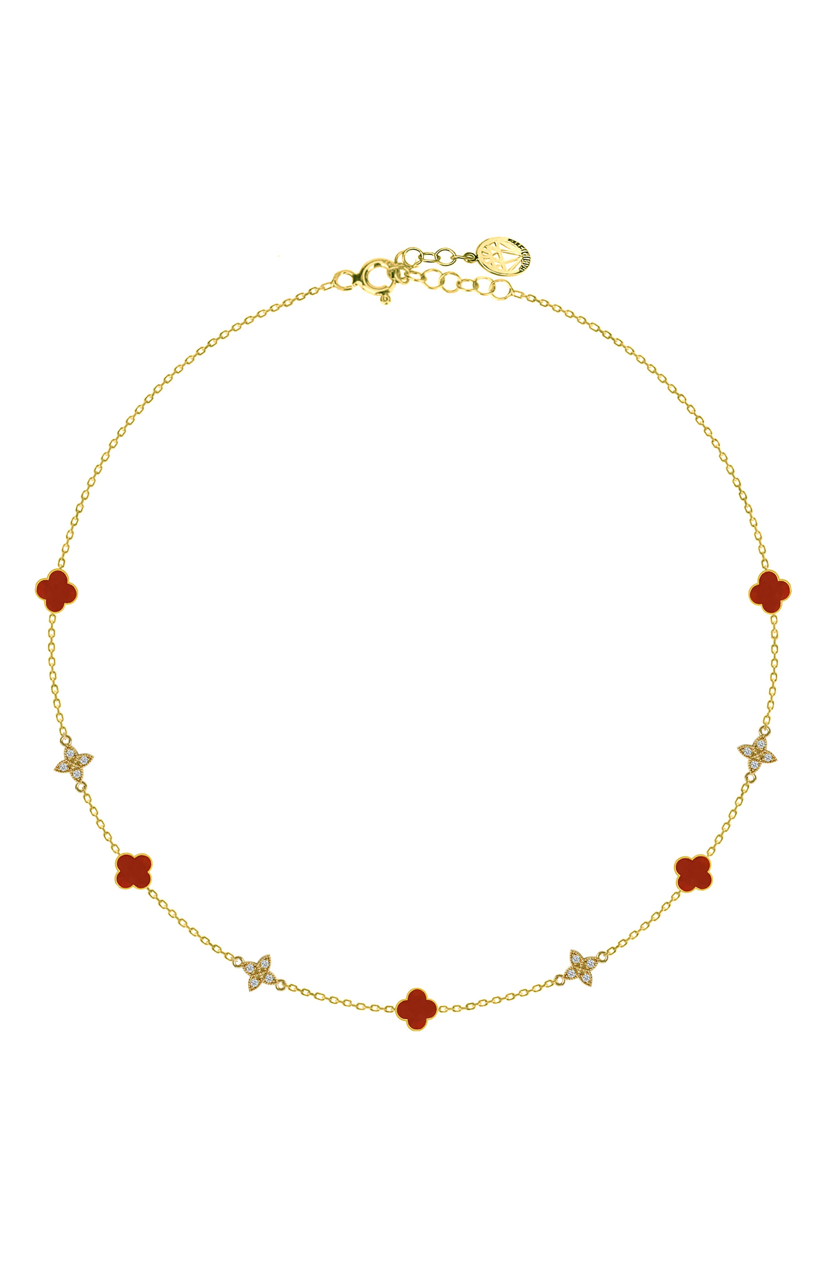 GABI RIELLE Crystal & Carnelian Agate Clover Station Chain Necklace