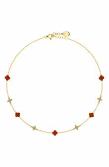 GABI RIELLE Crystal & Carnelian Agate Clover Station Chain Necklace