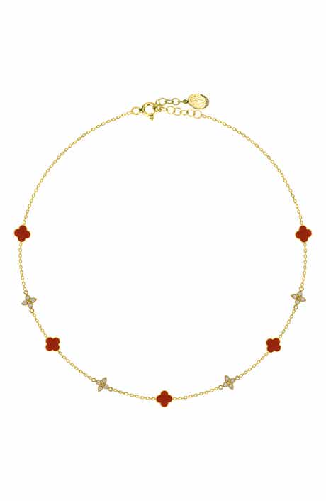 GABI RIELLE Crystal & Carnelian Agate Clover Station Chain Necklace