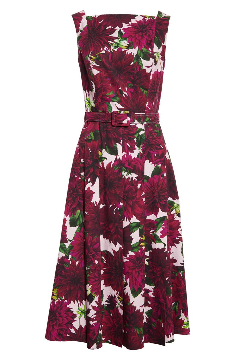 Oscar de la Renta Dahlia Print Stretch Cotton Poplin Belted Dress, Alternate, color, 