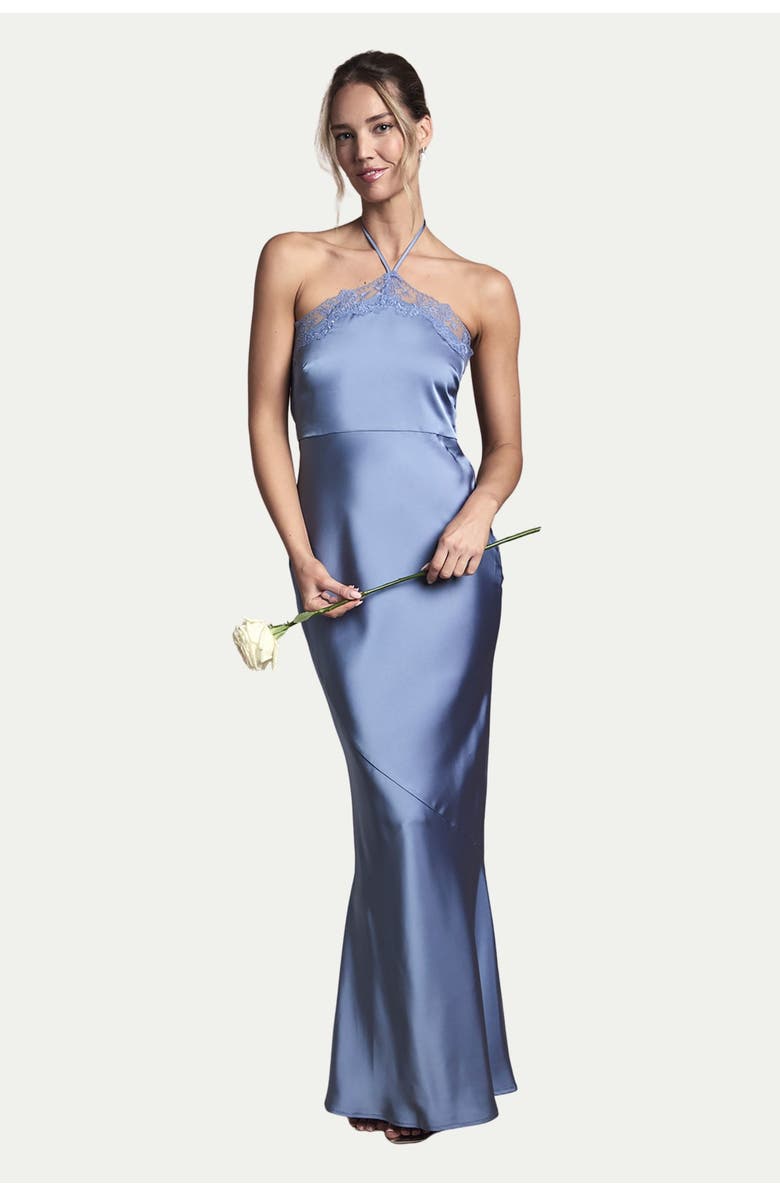 Oasis Halter Satin Maxi Bridesmaid Dress, Main, color, Blue