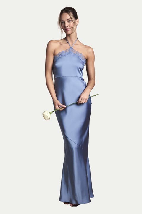 Halter Satin Maxi Bridesmaid Dress