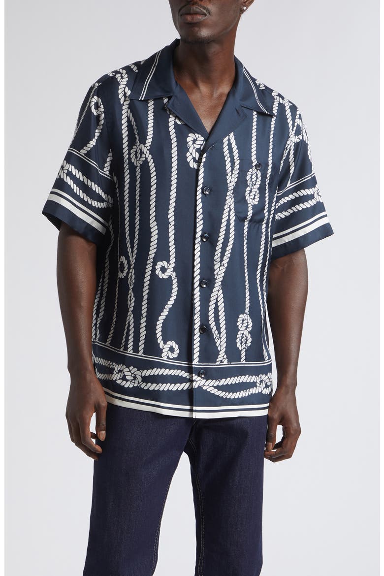 Marina Rope Print Washed Silk Twill Camp Shirt, Main, color, CORDE F.BLU NAVY