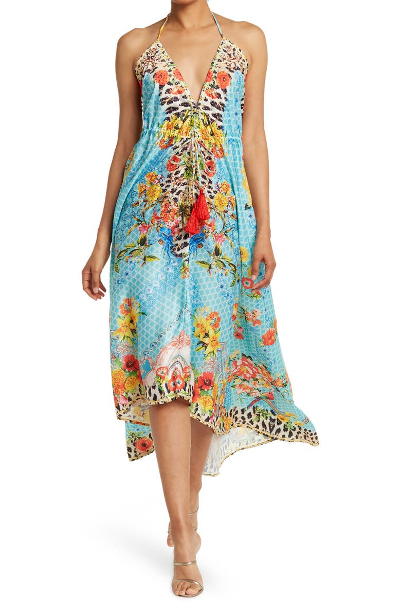 RANEES Floral Print Halter Cover-Up Dress, Main, color,