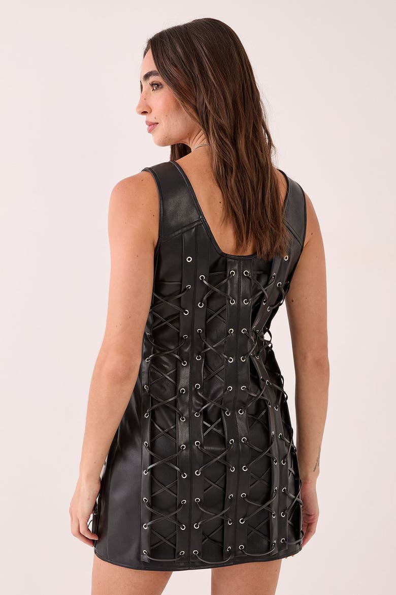 Eyelet Lace Up Faux Leather Mini Dress, Alternate, color, Black