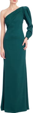 Badgley Mischka Collection One-Shoulder Long Sleeve Pleated Gown
