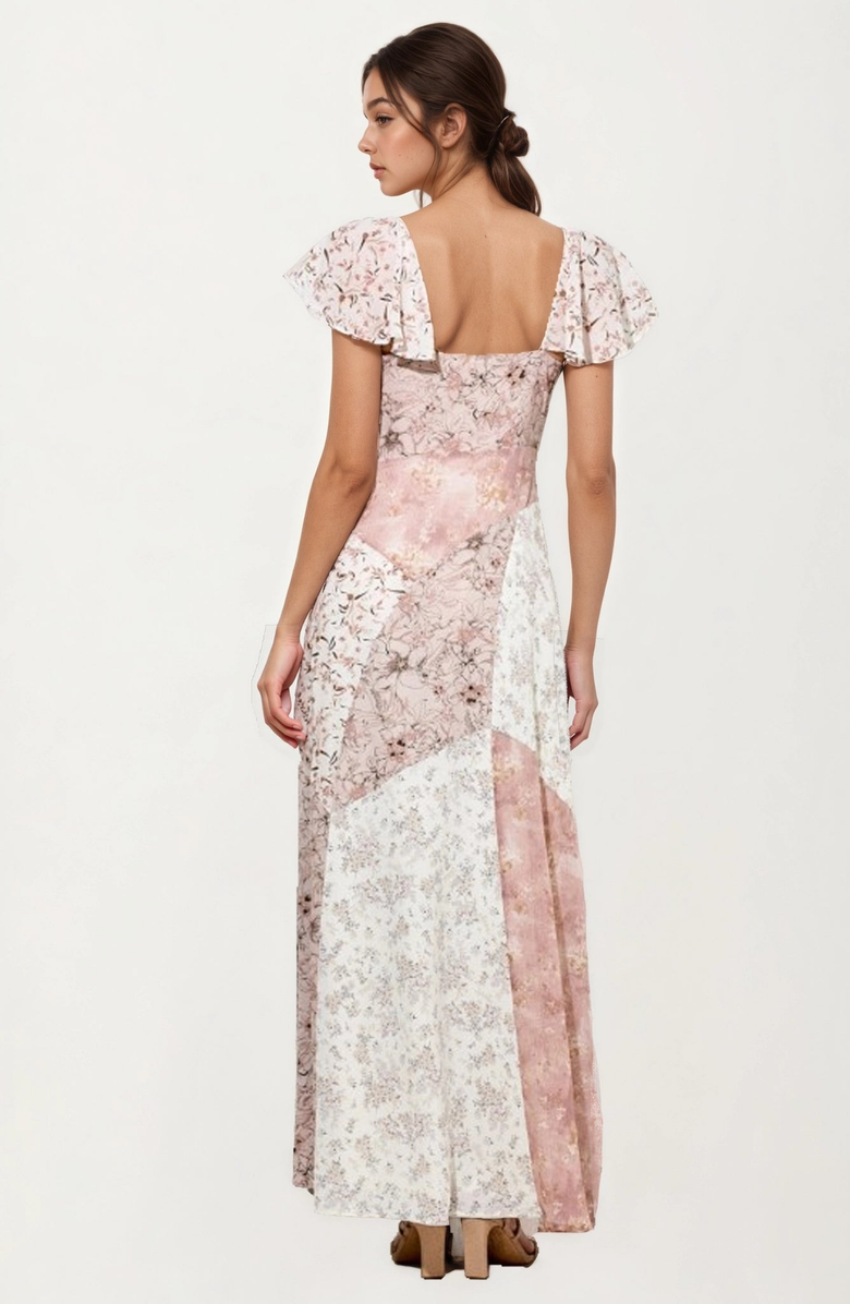 Knit and Lounge Flutter Sleeve Maxi Dress with Patchwork Design, Alternate, color, 