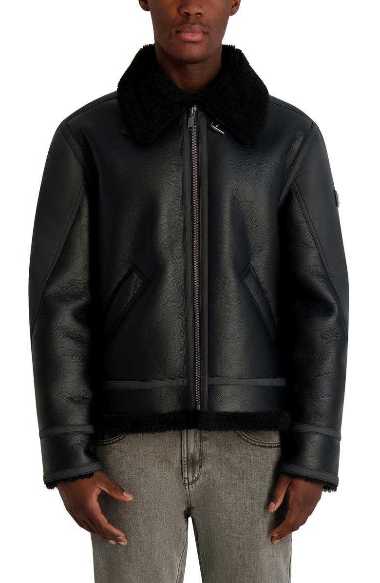 KARL LAGERFELD Faux Leather & Faux Shearling Jacket, Main, color, Black