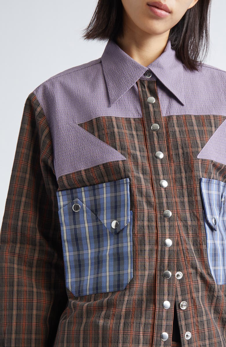 Chopova Lowena Vega Mixed Media Snap-Up Shirt, Alternate, color, Tartan Multi