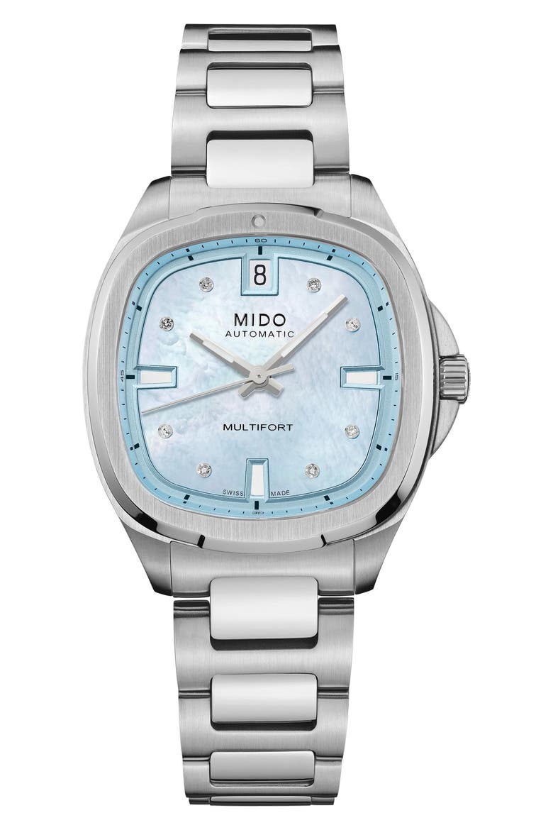 Multifort Diamond Square Automatic Bracelet Watch, 35mm, Main, color, BLUE MOTHER OF PEARL
