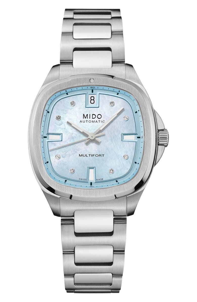 MIDO Multifort Diamond Square Automatic Bracelet Watch, 35mm, Main, color, Blue Mother Of Pearl