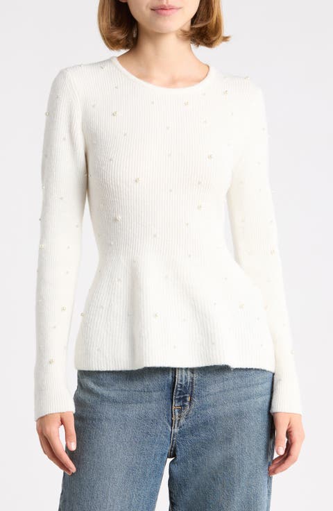 Pearly Embellished Peplum Sweater