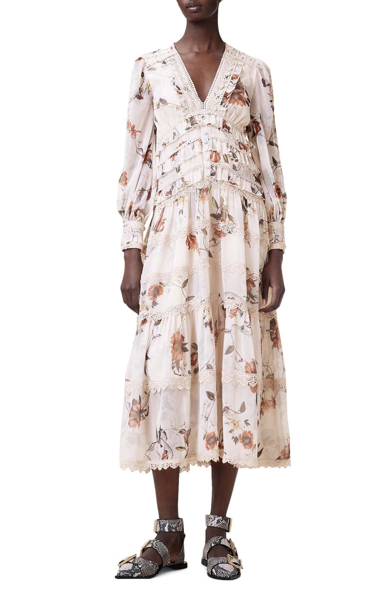 AllSaints Zora Floral Long Sleeve Tiered Midi Dress, Main, color,
