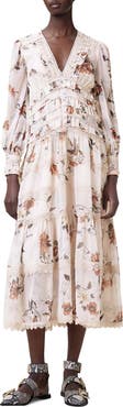 AllSaints Zora Floral Long Sleeve Tiered Midi Dress