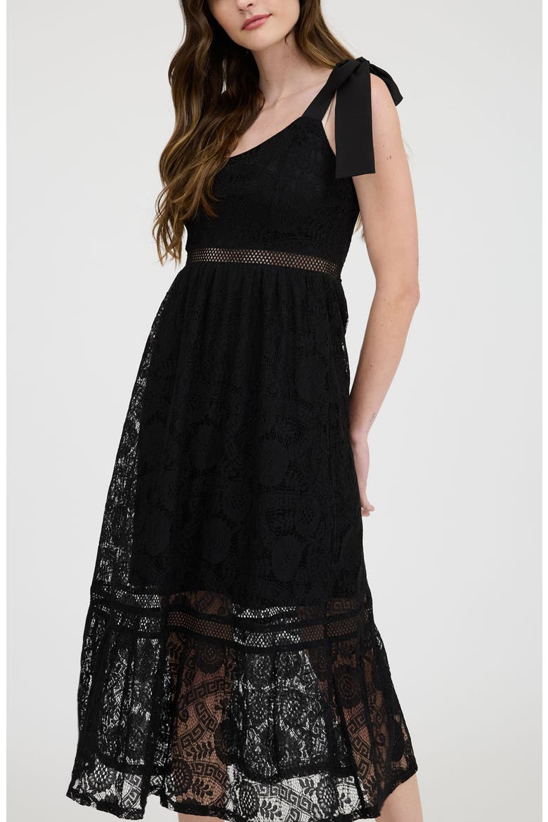 Tie Shoulder Lace Midi Dress, Alternate, color, BLACK