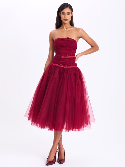 Miss Circle Women Mabel Burgundy Drop Waist Layered Mesh Midi Puffy Dress With Bow In Burgundy