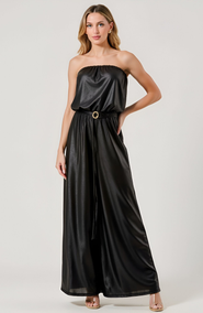 Modenaire Strapless Satin Jumpsuit with Belted Waist and Wide Leg Silhouette