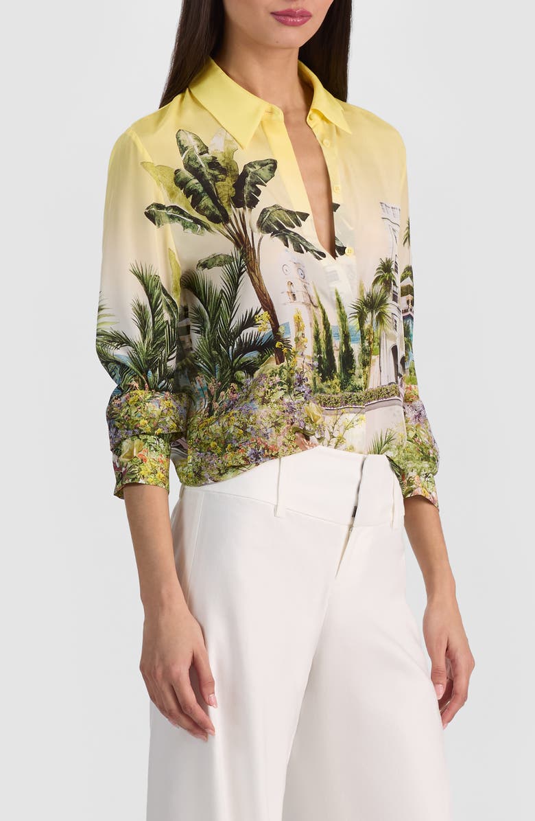 Alice + Olivia Willa Print Silk Button-Up Shirt, Alternate, color, Pure Paradise