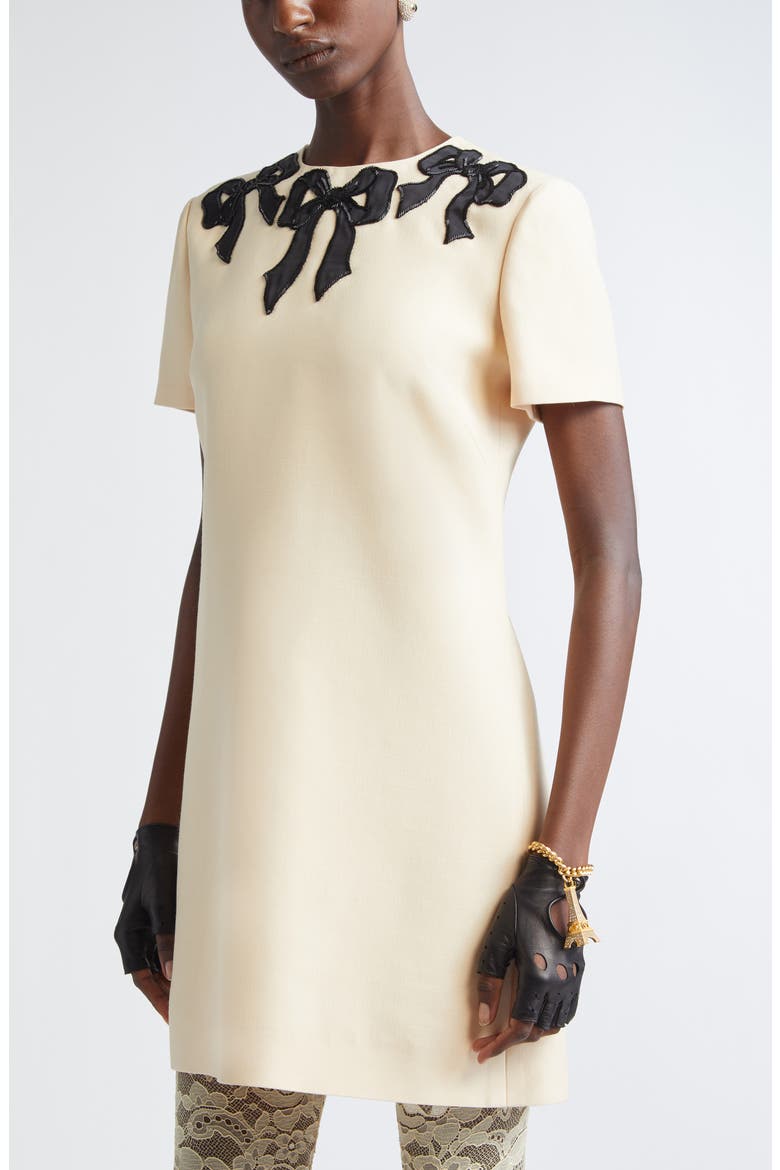 Beaded Bow Detail Crepe Couture Minidress, Alternate, color, CREAM/ BLACK