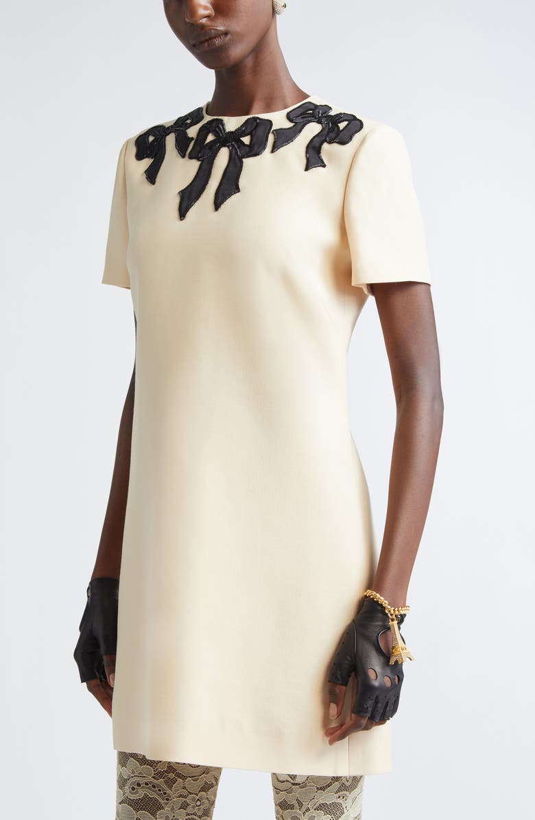 Valentino Beaded Bow Detail Crepe Couture Minidress, Alternate, color, Cream/ Black