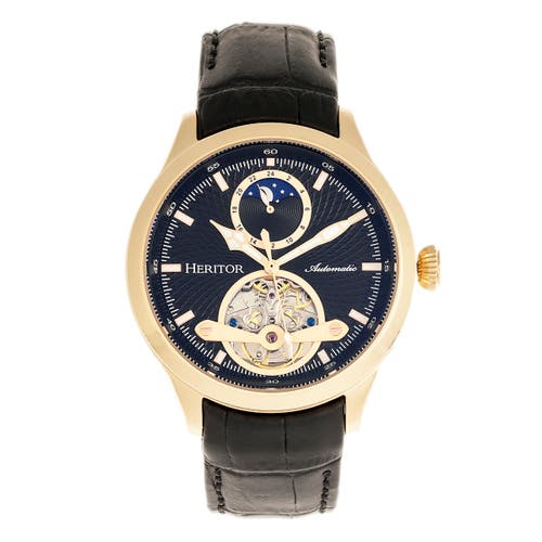 Heritor Automatic Gregory Semi-Skeleton Leather-Band Watch in Gold/black at Nordstrom
