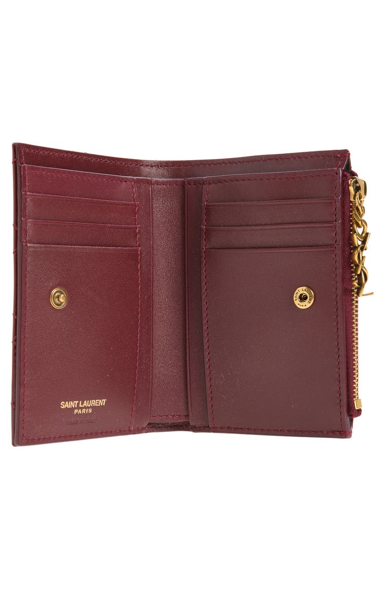 Saint Laurent Cassandre Bijou Diamond Quilted Patent Leather Bifold Wallet, Alternate, color, Grenade
