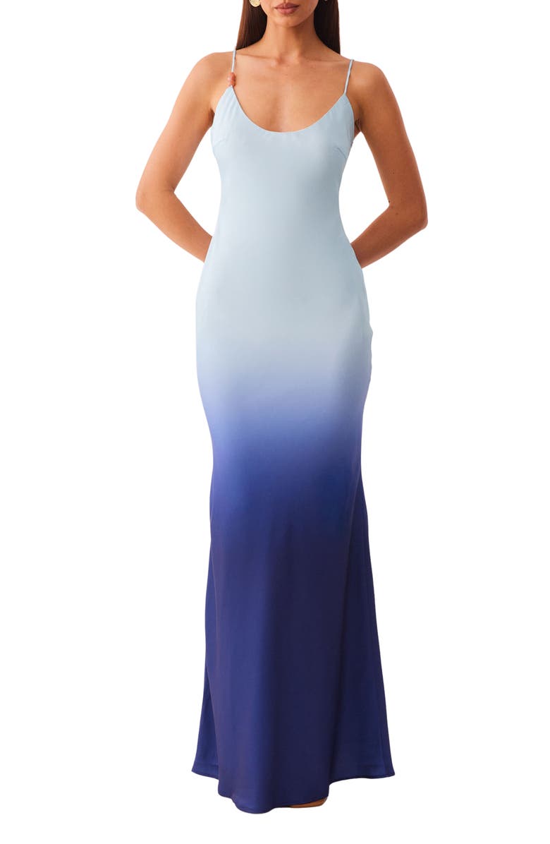 SNDYS Amaya Ombré Satin Slipdress, Main, color, Blue Ombre