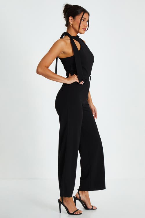 Quiz Scuba Crepe Tie Neck Palazzo Jumpsuit In Black