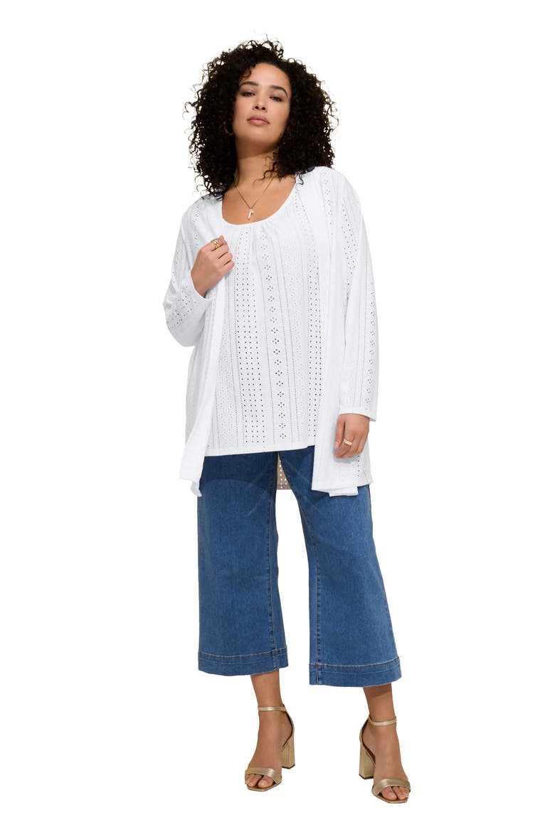 Plus Size Eyelet Long Sleeve Cardigan & Tank Set, Main, color, WHITE