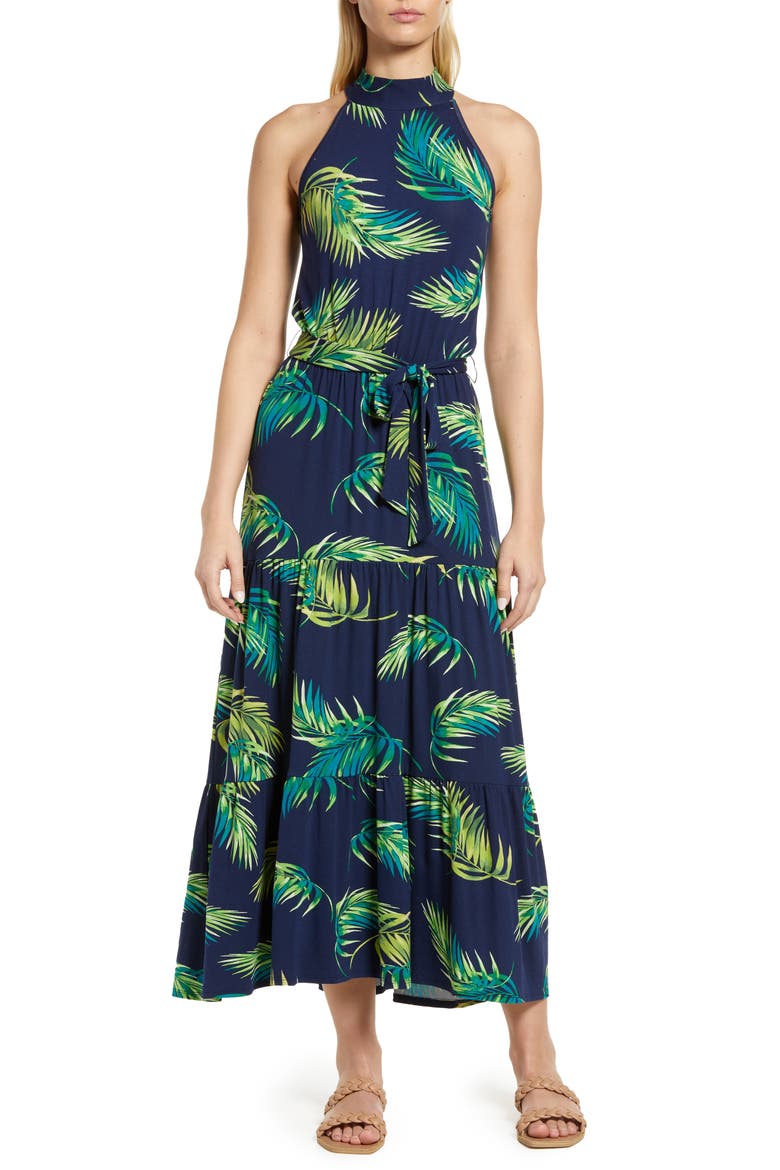 Palm Print Halter Neck Knit Maxi Dress, Main, color, NAVY PALM
