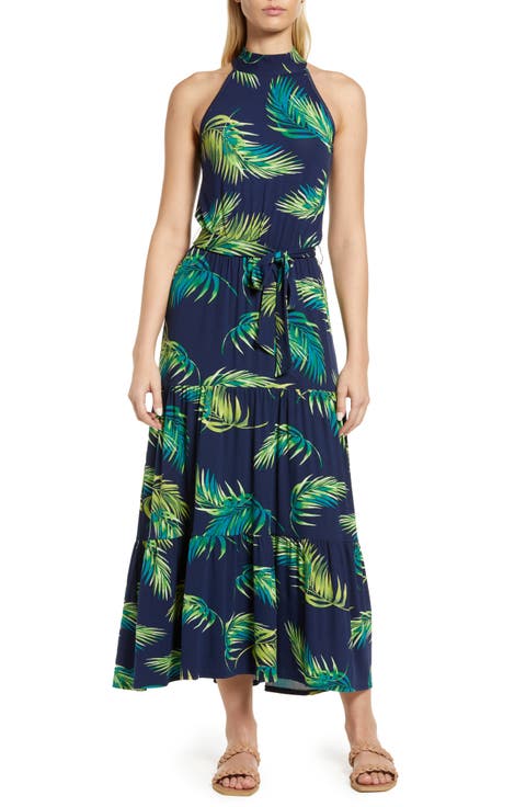 Palm Print Halter Neck Knit Maxi Dress