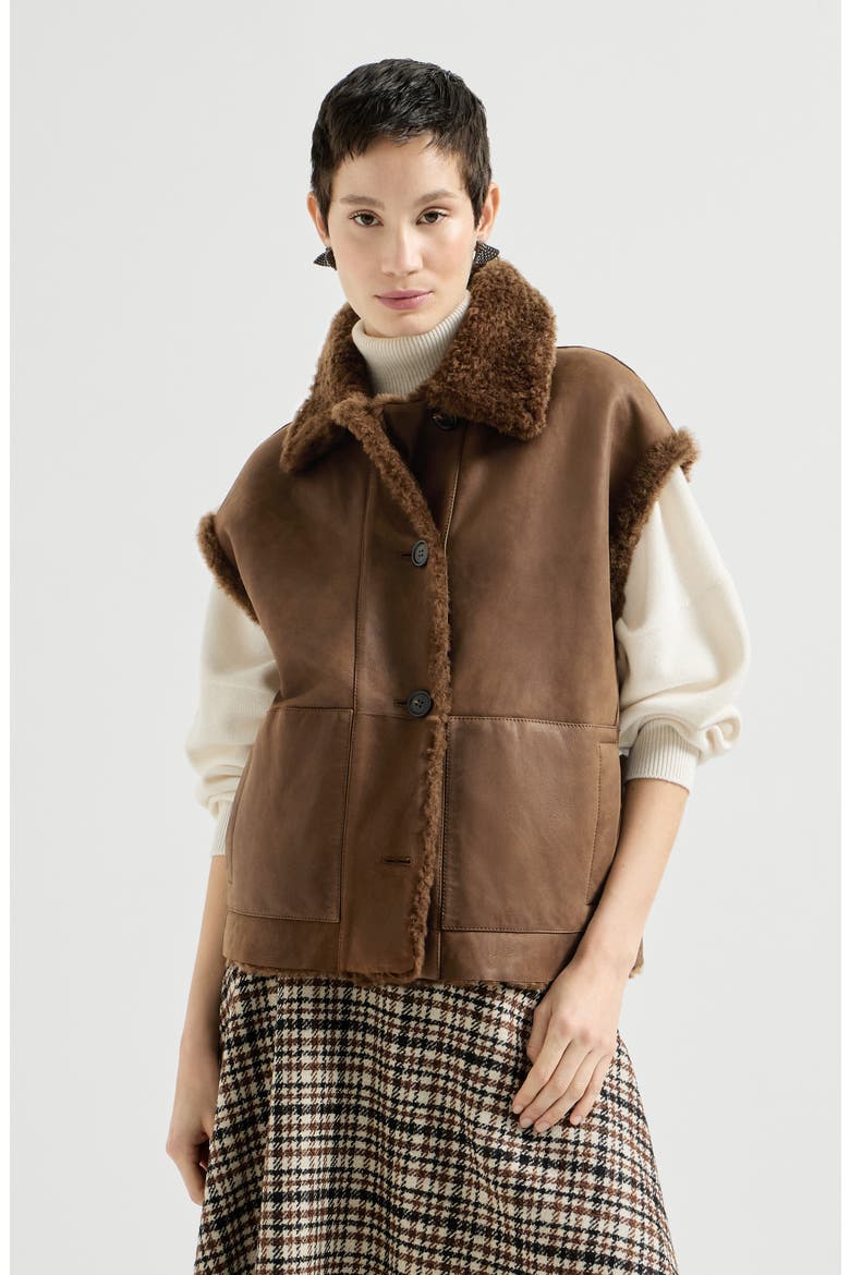 Fuzzy shearling reversible vest with monili, Main, color, Chocolate