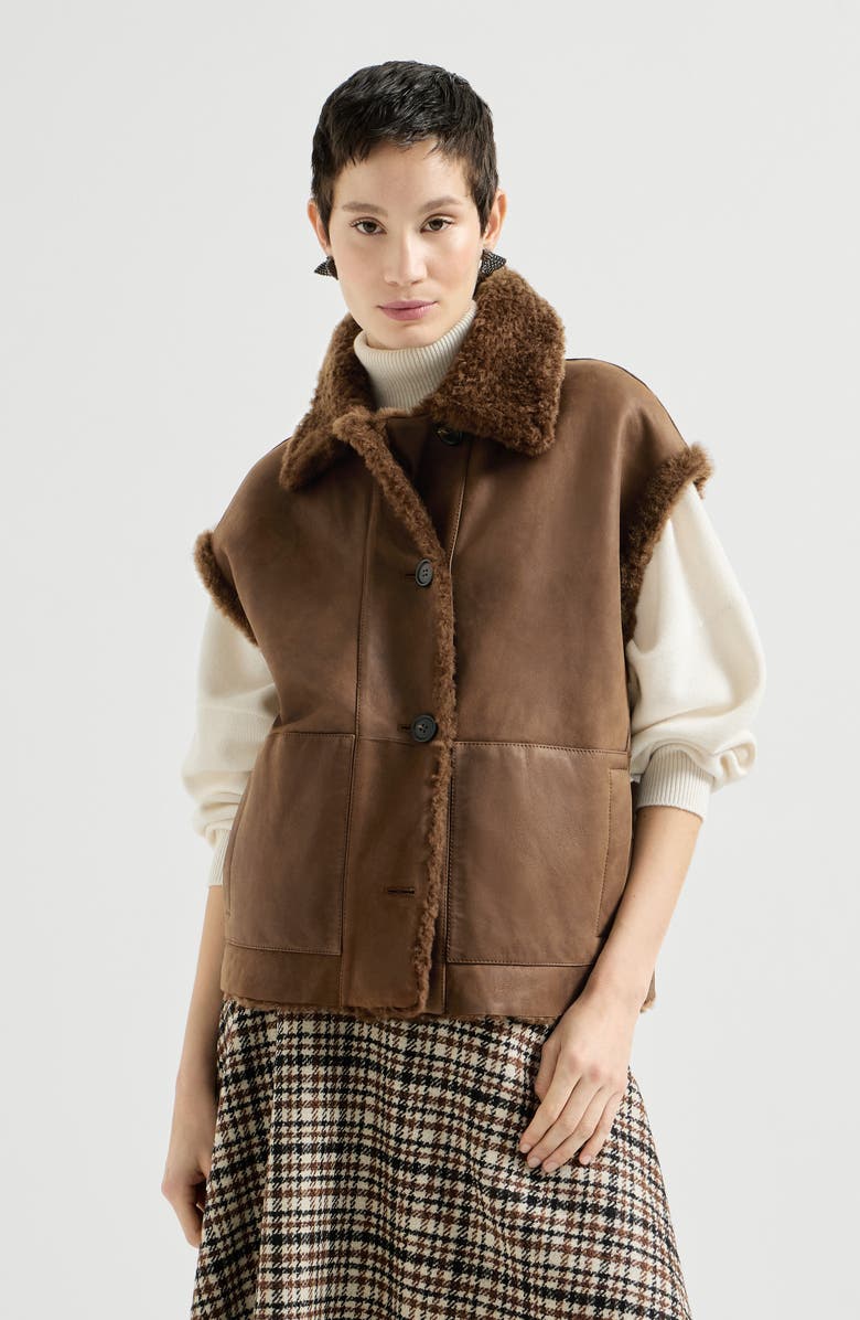 Brunello Cucinelli Shearling reversible vest, Alternate, color, Chocolate