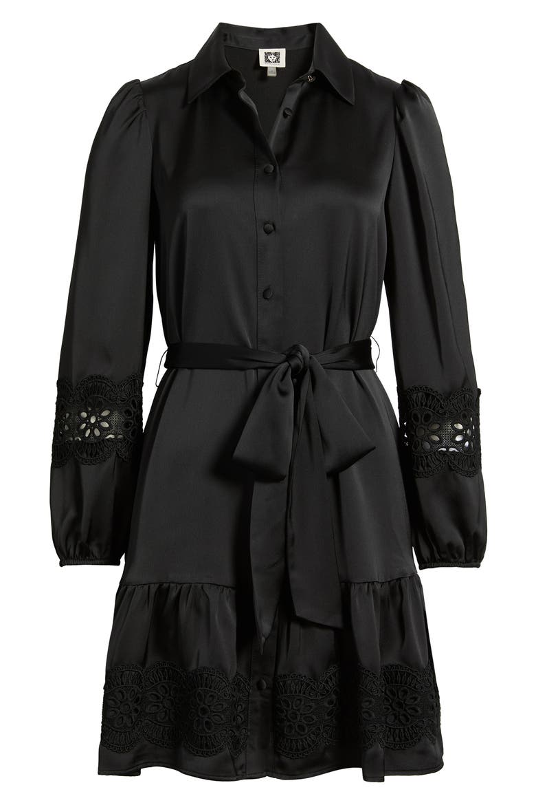 Lace Trim Long Sleeve Tie Belt Satin Shirtdress, Alternate, color, ANNE BLACK