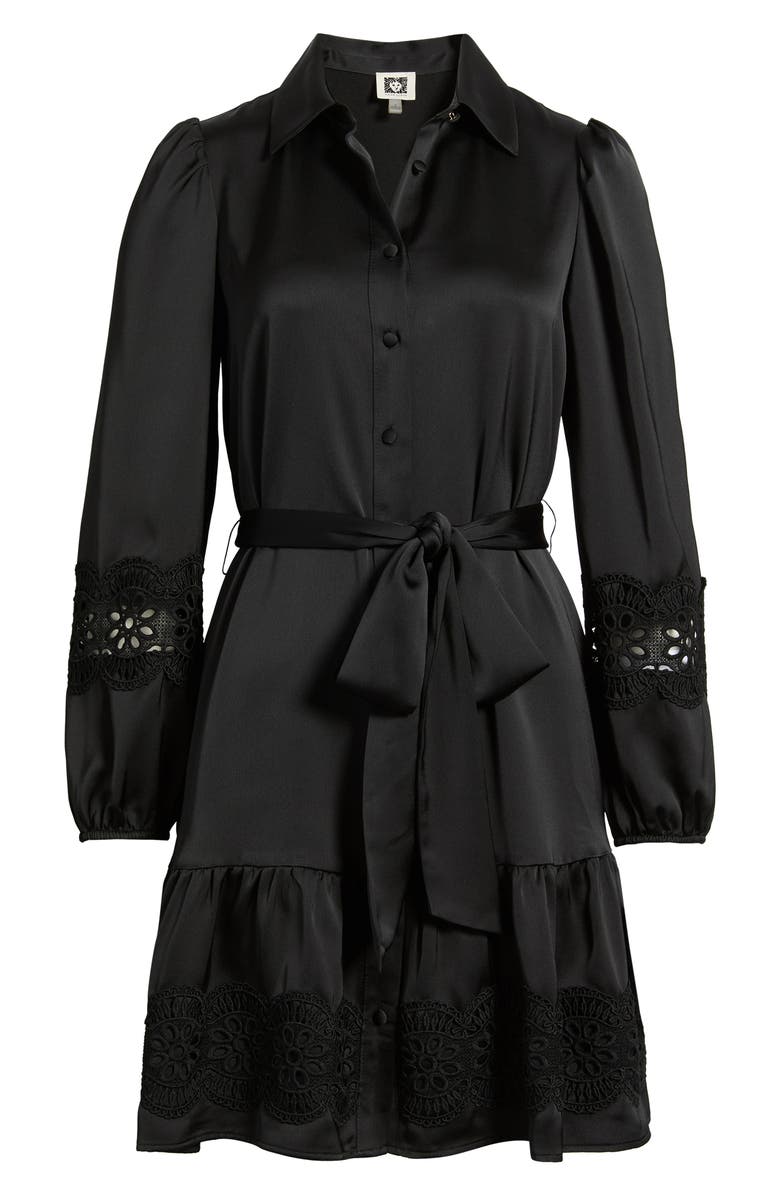 Anne Klein Lace Trim Long Sleeve Tie Belt Satin Shirtdress, Main, color, Anne Black