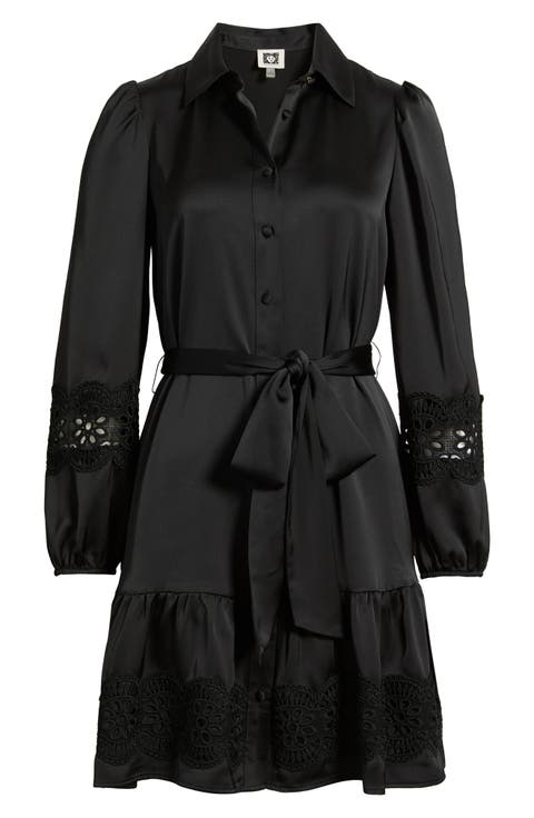 Lace Trim Long Sleeve Tie Belt Satin Shirtdress